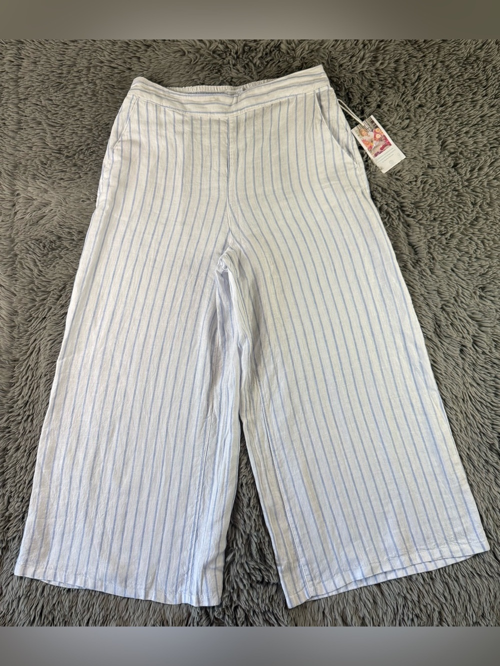 Martha Stewart Collection 100% Linen Blue Stripe Wide Leg Crop Pants Medium NWT